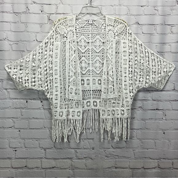 Tribal Jeans Crochet Cardigan Women's S/M White Open Front Boho Fringe Beachy - Picture 1 of 10